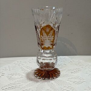 Vintage Bohemian Glass Cut to Clear Etched Amber Wheat or Floral Pattern.